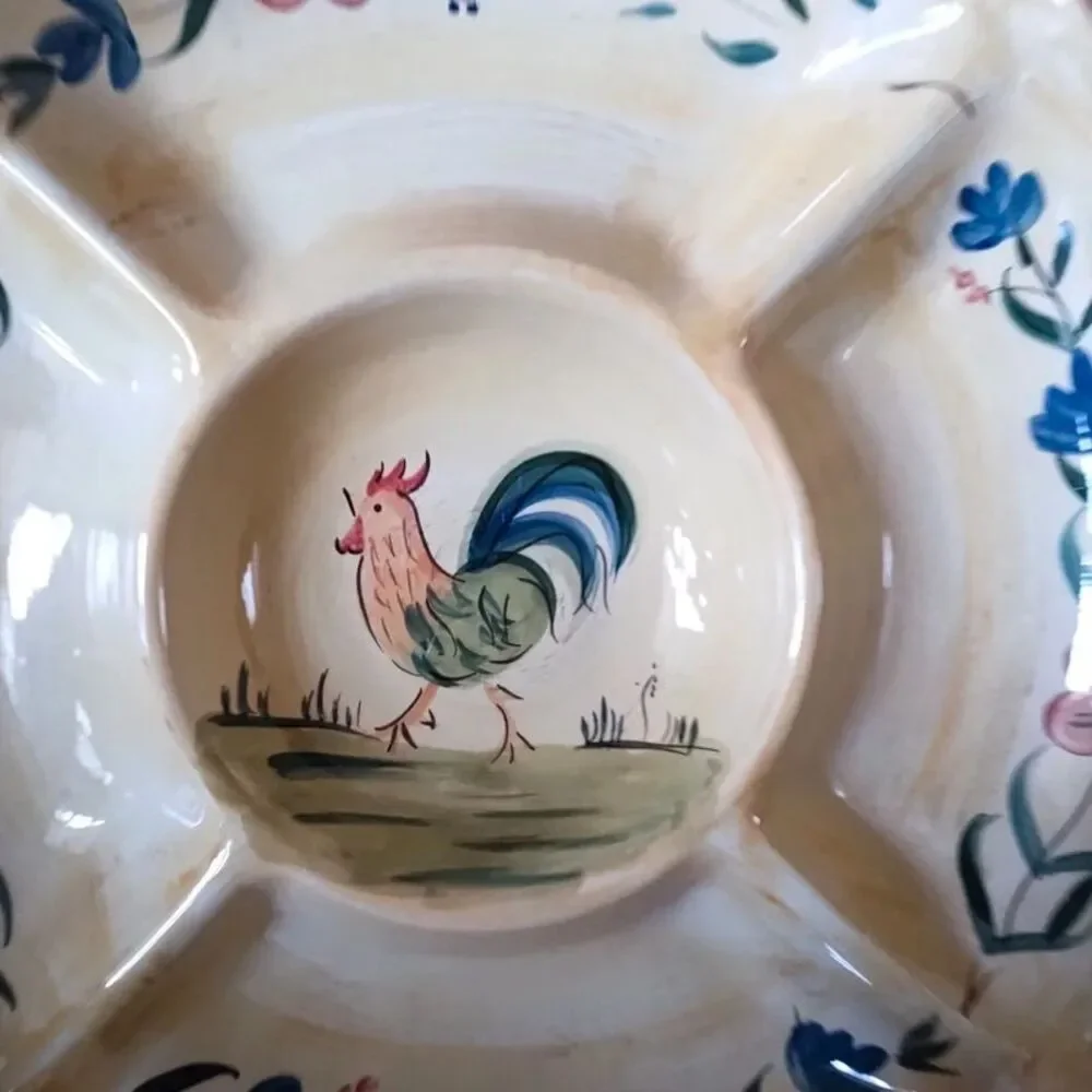 Rooster by Home Chip and Dip Platter Ceramic Relish Tray Hand Painted 16 1/2
